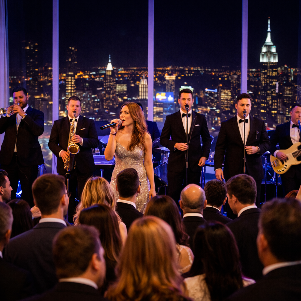 Corporate event with NYC skyline backdrop